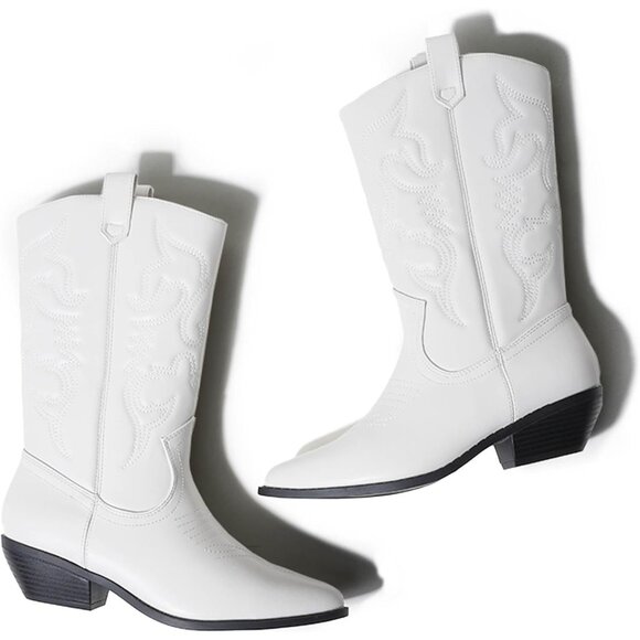 Women Polyurethane White Mid Calf Low Heel Pointed Toe Cowgirl Western Boot - Picture 3 of 9